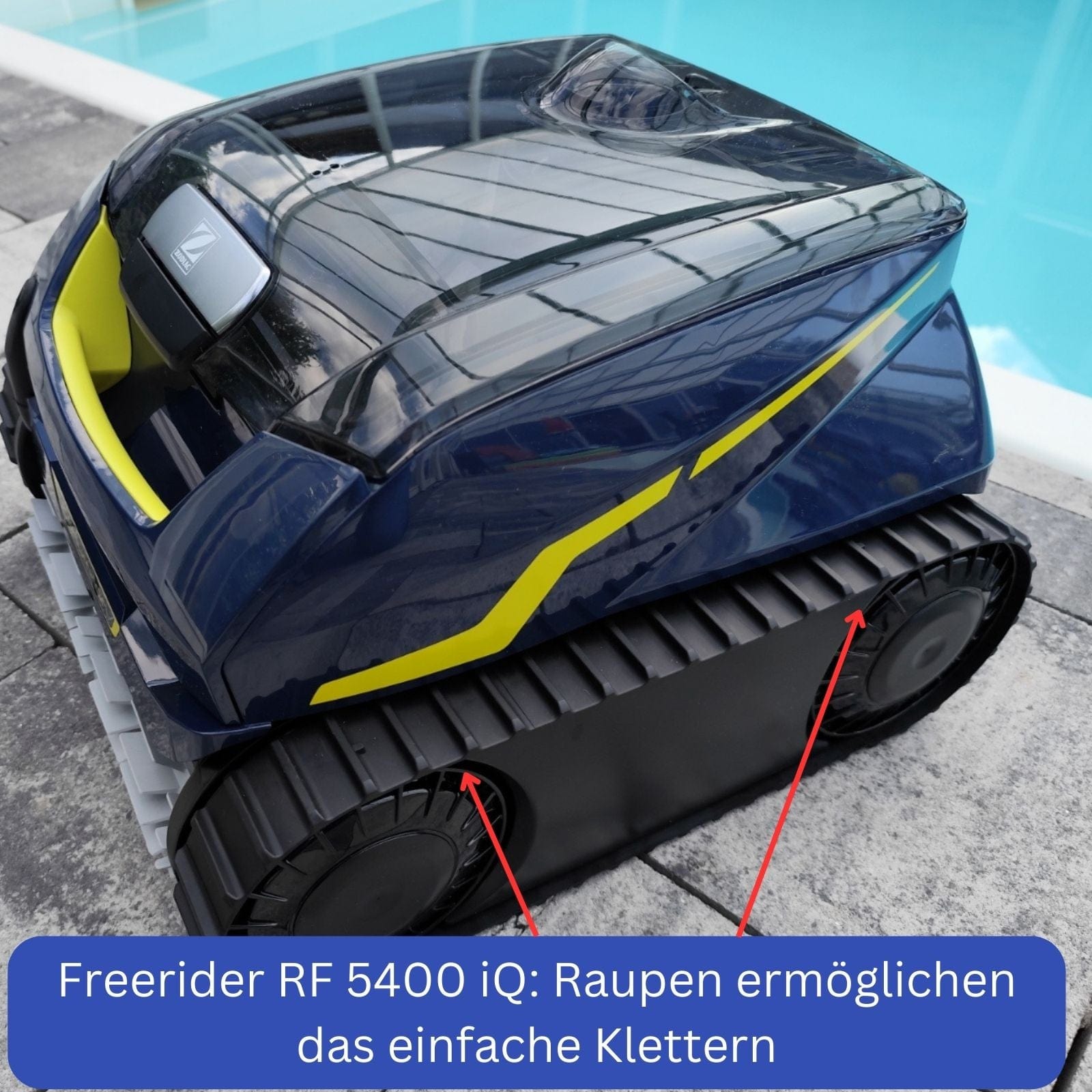 Zodiac Freerider RF 5400 iQ klettert muehelos mit Raupen die Waende hoch